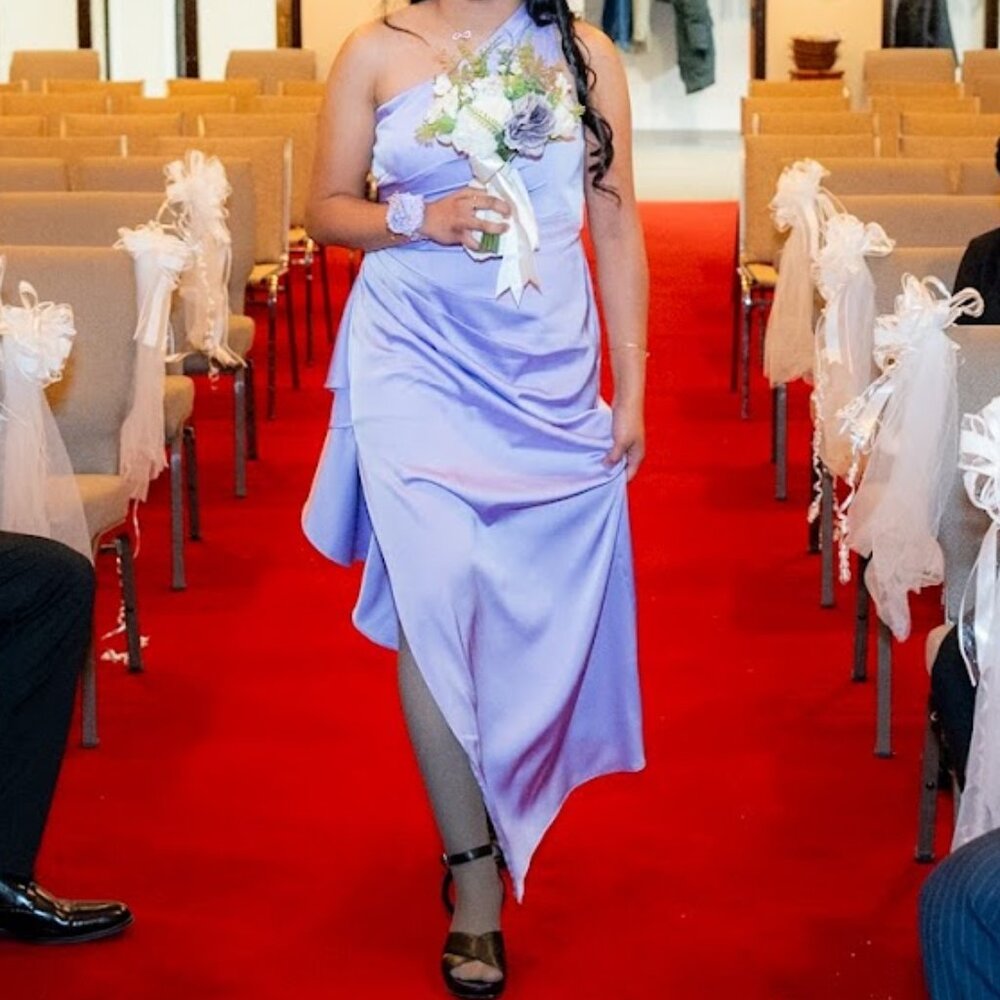 #1. Azazie Lavender Bridemaid Dress Greek Godess off shoulder pleats Ruffle Long